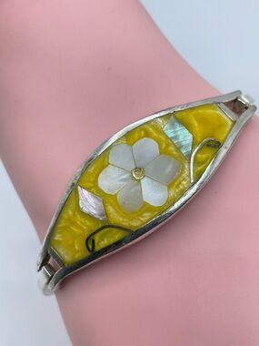 Vintage Taxco Mexico Silver Mother of Pearl Yellow Enamel Floral Cuff